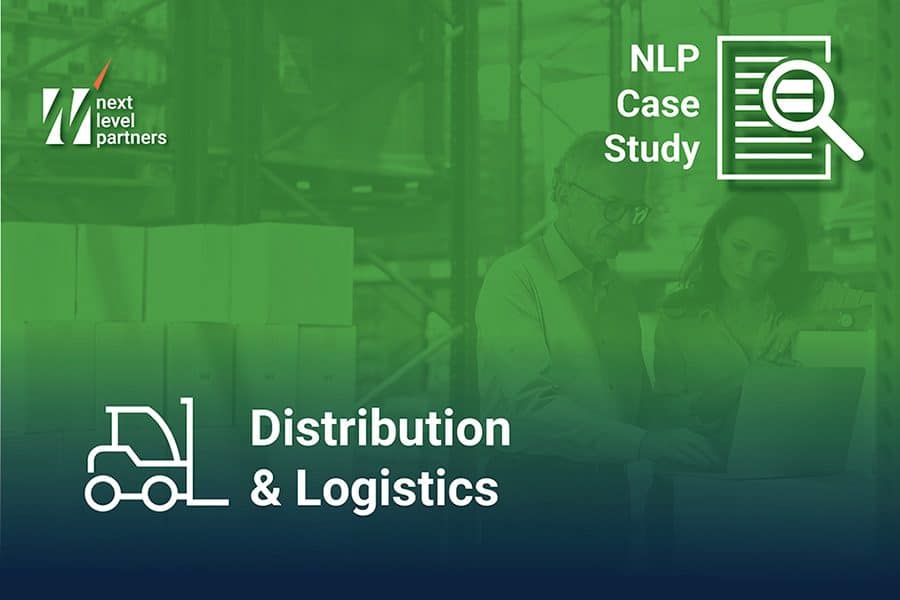 Distribution and Logistics cover. Older male working a computer sitting on a box in a warehouse and female viewing what he is doing background with green overlay