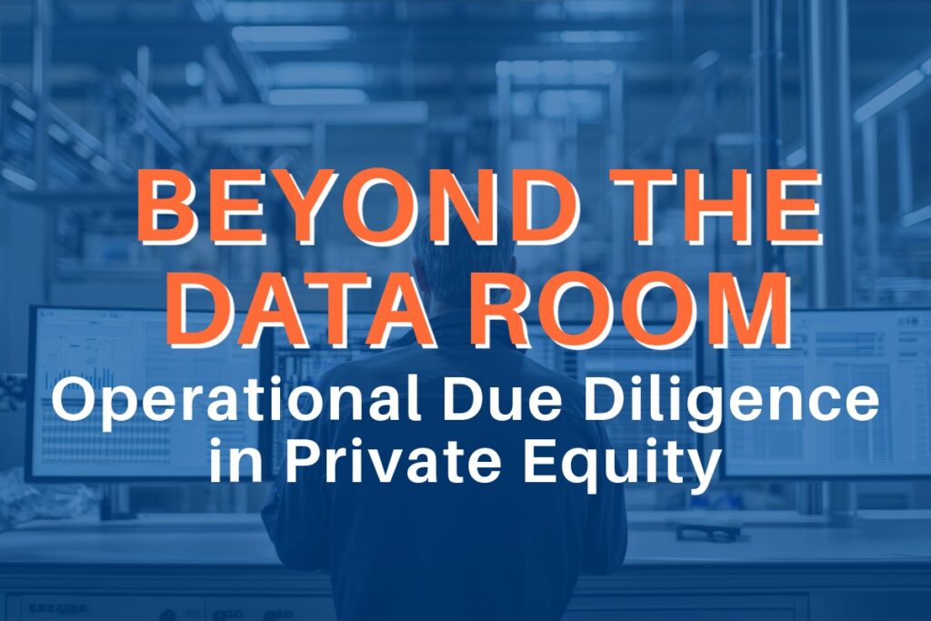 Beyond the Data Room: Operational Due Diligence in Private Equity over Image of Man working at tri-screen computer.