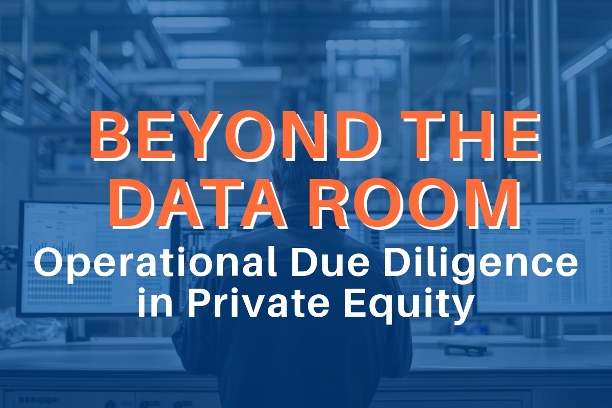 Beyond the Data Room: Operational Due Diligence in Private Equity over Image of Man working at tri-screen computer.